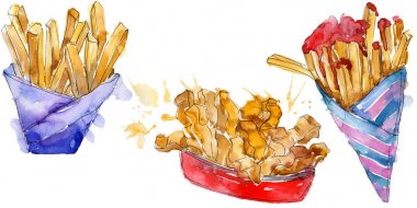 Suluboya Stil kümesindeki Fast food patates kızartması. Aquarelle gıda resimde arka plan için. İzole patates öğesi.