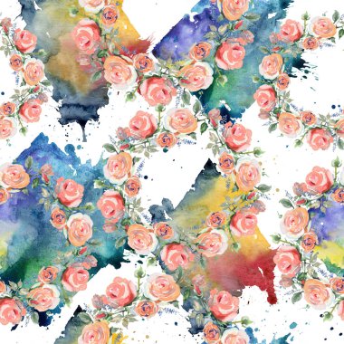 Gül buketi çiçek botanik çiçekleri. Suluboya arka plan illüstrasyon seti. Kesintisiz arka plan deseni.