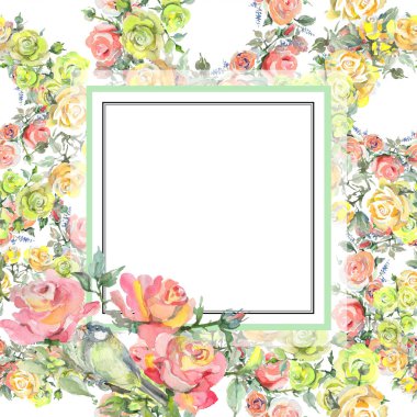 Gül buketi çiçek botanik çiçekleri. Suluboya arka plan illüstrasyon seti. Çerçeve kenarlık süs karesi.
