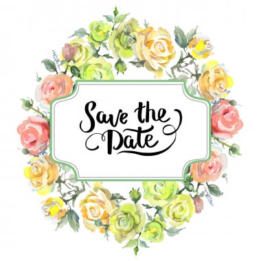 Gül buketi çiçek botanik çiçekleri. Suluboya arka plan illüstrasyon seti. Çerçeve kenarlık süs karesi.