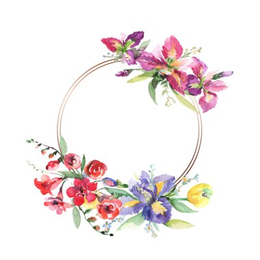 Buket irises çiçek botanik çiçekleri ile. Suluboya arka plan illüstrasyon seti. Çerçeve kenarlık süs karesi.