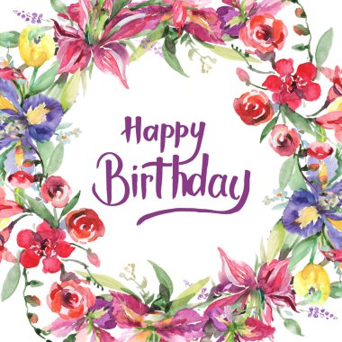 Buket irises çiçek botanik çiçekleri ile. Suluboya arka plan illüstrasyon seti. Çerçeve kenarlık süs karesi.