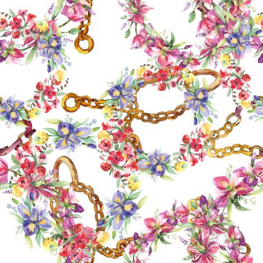 Buket irises çiçek botanik çiçekleri ile. Suluboya arka plan illüstrasyon seti. Kesintisiz arka plan deseni.