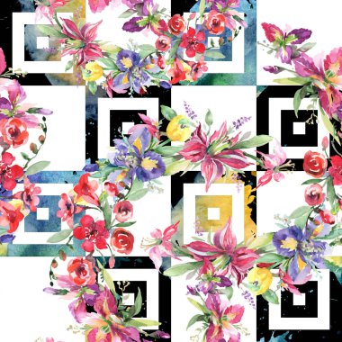 Buket irises çiçek botanik çiçekleri ile. Suluboya arka plan illüstrasyon seti. Kesintisiz arka plan deseni.