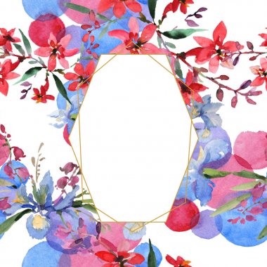Buket çiçek botanik çiçekler. Suluboya arka plan illüstrasyon küme. Çerçeve kenarlığı süsleme Meydanı.