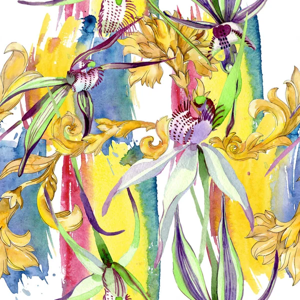 Flores botánicas florales de orquídea silvestre. Conjunto de ilustración de fondo acuarela. Patrón de fondo sin costuras . — Foto de Stock