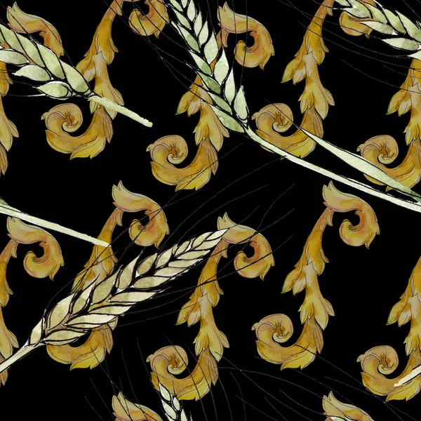 Orecchio verde di grano e filo d'erba. Acquerello sfondo illustrazione set. Modello di sfondo senza soluzione di continuità . — Foto Stock