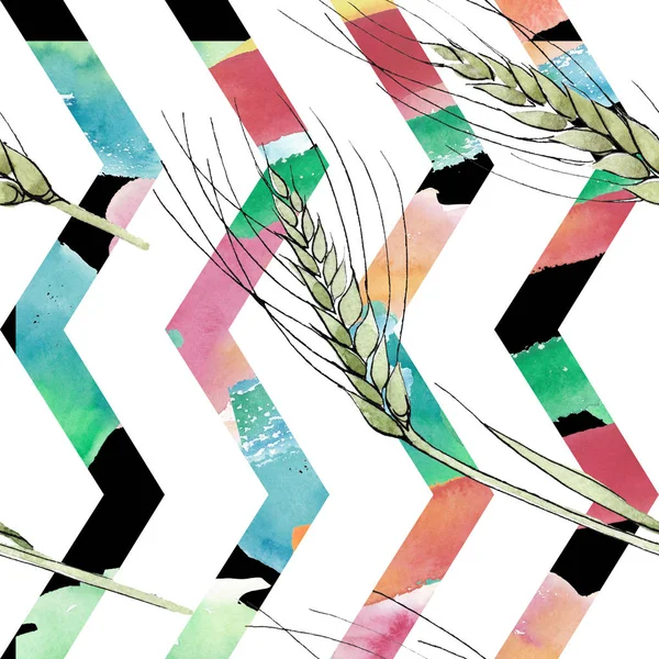 Green ear of wheat and blade of grass. Watercolor background illustration set. Seamless background pattern.