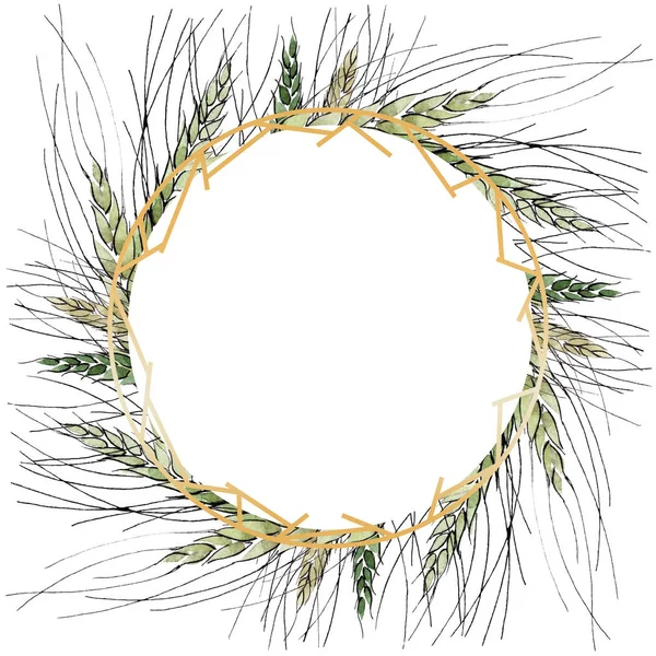 Grönt öra av vete och grässtrå. Akvarell bakgrund illustration uppsättning. Ram kant prydnad kvadrat. — Stockfoto