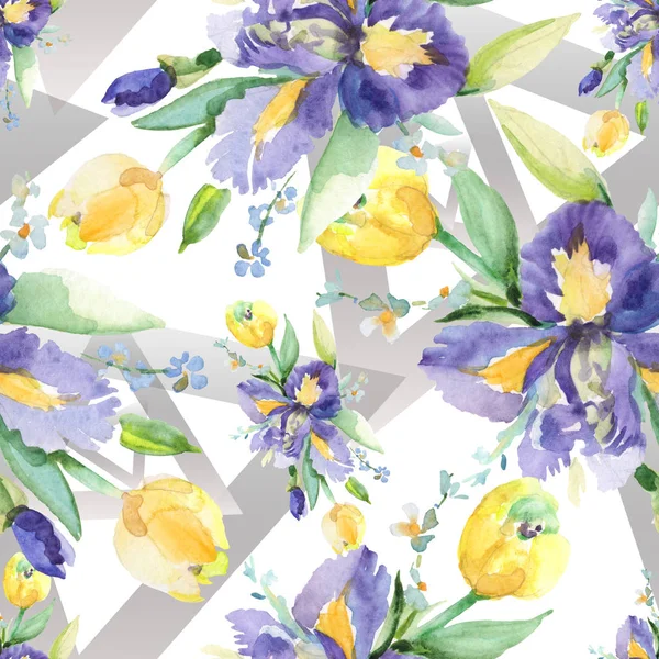 アイリス花植物の花と花束。●水彩背景イラストセット。シームレスな背景パターン. — ストック写真