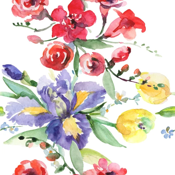 Bouquet avec iris fleurs botaniques florales. Ensemble d'illustration de fond aquarelle. Modèle de fond sans couture . — Photo