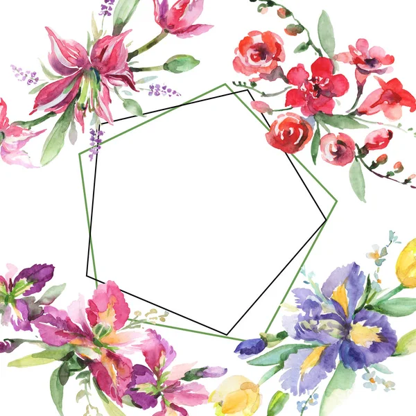 Ramo con iris flores botánicas florales. Conjunto de ilustración de fondo acuarela. Marco borde ornamento cuadrado . — Foto de Stock