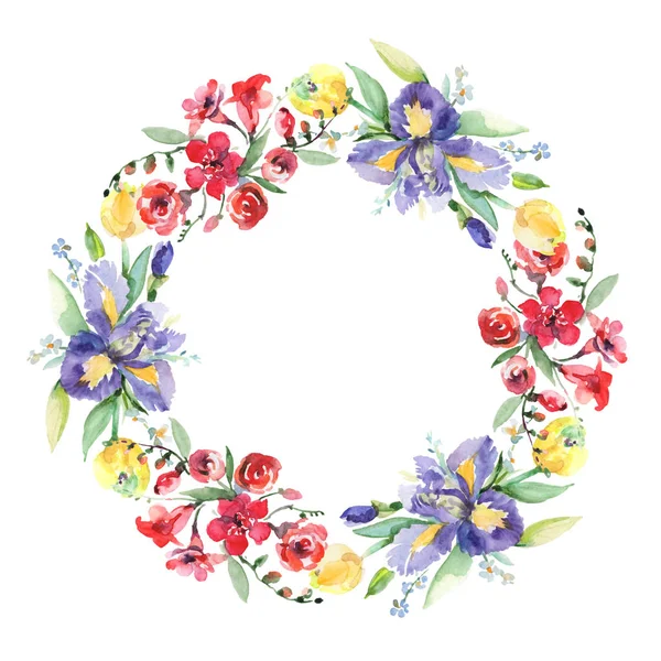 Buquê com íris flores botânicas florais. Conjunto de ilustração de fundo aquarela. Quadro borda ornamento quadrado . — Fotografia de Stock