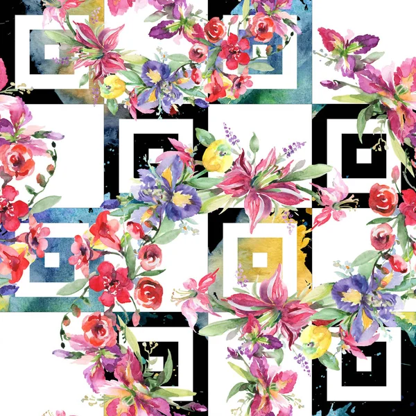 Bouquet with irises floral botanical flowers. Watercolor background illustration set. Seamless background pattern. — Stock Photo, Image