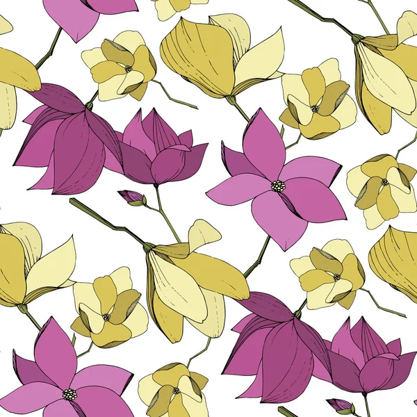 Vector Magnolia flores botánicas florales. Tinta grabada púrpura y amarilla. Patrón de fondo sin costuras . — Vector de stock