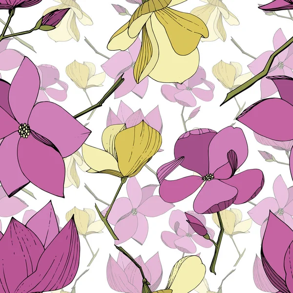 Vector Magnolia flores botánicas florales. Tinta grabada púrpura y amarilla. Patrón de fondo sin costuras . — Vector de stock