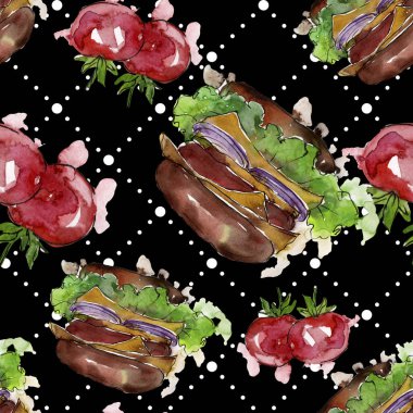 Hamburger fast food izole. Suluboya arka plan illüstrasyon seti. Kesintisiz arka plan deseni.