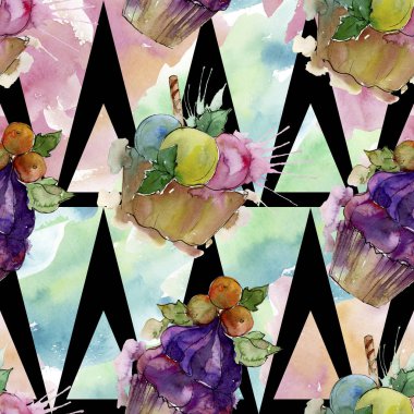 Suluboya tarzında lezzetli cupcake. Aquarelle tatlı tatlı illüstrasyon seti. Kesintisiz arka plan deseni.