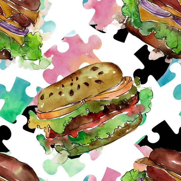 Hamburger fast food isolato. Acquerello sfondo illustrazione set. Modello di sfondo senza soluzione di continuità . — Foto Stock