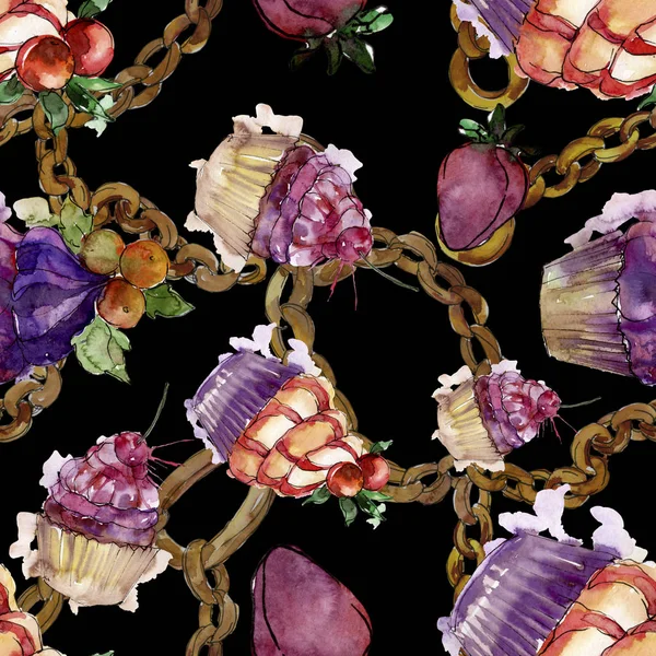 Suluboya tarzında lezzetli cupcake. Aquarelle tatlı tatlı illüstrasyon seti. Kesintisiz arka plan deseni.
