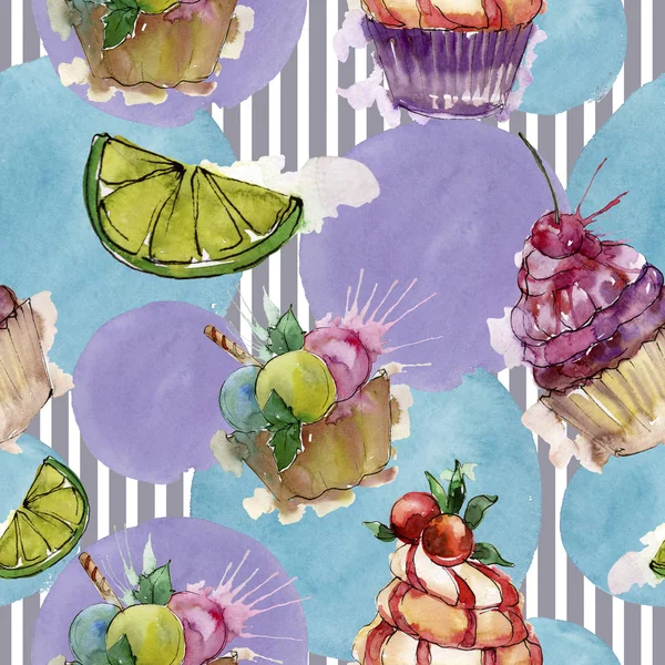 Tasty cupcake in a watercolor style. Aquarelle sweet dessert illustration set. Seamless background pattern. — Stock Photo, Image