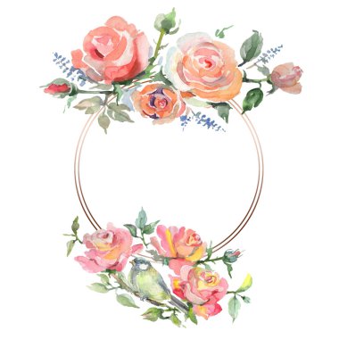 Gül buketi çiçek botanik çiçekleri. Suluboya arka plan illüstrasyon seti. Çerçeve kenarlık süs karesi.