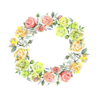 Gül buketi çiçek botanik çiçekleri. Suluboya arka plan illüstrasyon seti. Çerçeve kenarlık süs karesi.