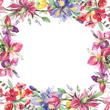 Buket irises çiçek botanik çiçekleri ile. Suluboya arka plan illüstrasyon seti. Çerçeve kenarlık süs karesi.