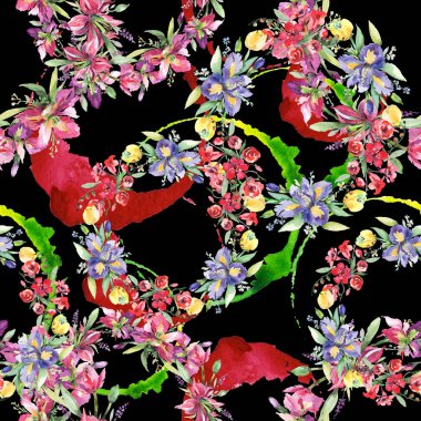 Buket irises çiçek botanik çiçekleri ile. Suluboya arka plan illüstrasyon seti. Kesintisiz arka plan deseni.