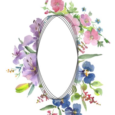 Buket çiçek botanik çiçekler. Suluboya arka plan illüstrasyon küme. Çerçeve kenarlığı süsleme Meydanı.