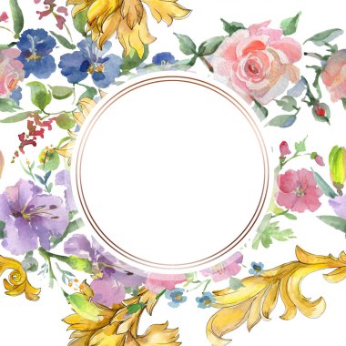 Buket çiçek botanik çiçekler. Suluboya arka plan illüstrasyon küme. Çerçeve kenarlığı süsleme Meydanı.