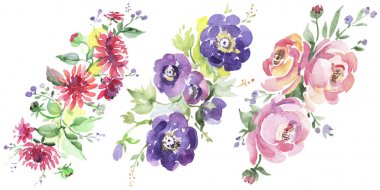 Buket çiçek botanik çiçekler. Suluboya arka plan illüstrasyon seti. İzole buketleri illüstrasyon elemanı.