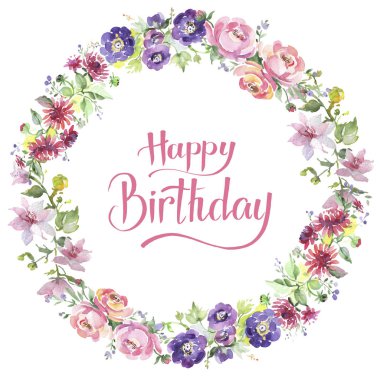 Buket çiçek botanik çiçekler. Suluboya arka plan illüstrasyon küme. Çerçeve kenarlığı süsleme Meydanı.