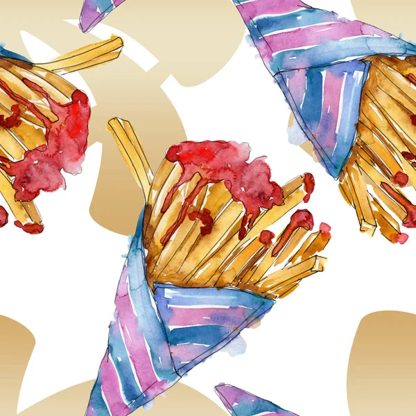 Fast food french fries in a watercolor style set. Watercolor background illustration set. Seamless background pattern.