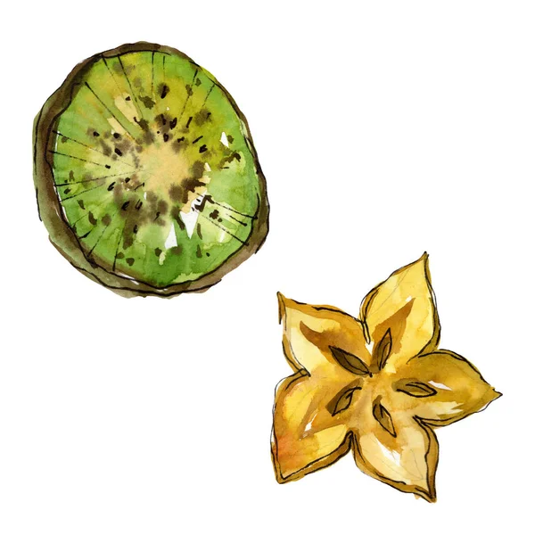 Färsk kiwi och Carambola i en akvarell stil. Aquarelle frukt illustration uppsättning. Isolerade desserter bakgrund element. — Stockfoto