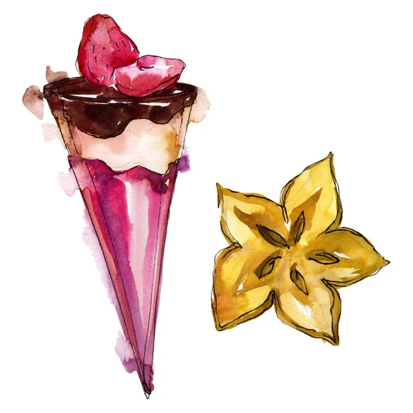 Es krim lezat dengan gaya cat air. Satu set ilustrasi makanan penutup manis Aquarelle. Elemen latar belakang makanan penutup yang terisolasi . — Stok Foto