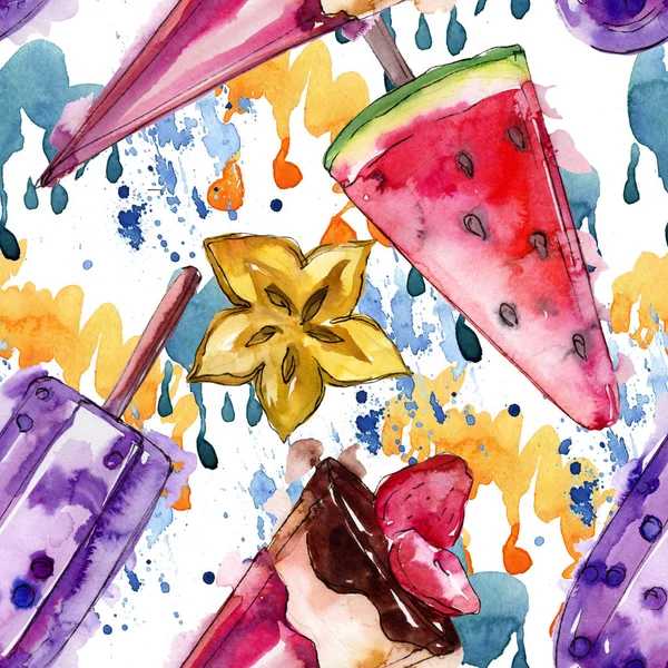 Crème glacée savoureuse dans un style aquarelle. Aquarelle set d'illustration de dessert sucré. Modèle de fond sans couture . — Photo
