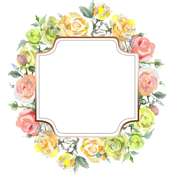玫瑰花束花植物花。水彩背景插图集。框架边框装饰广场. — 图库照片
