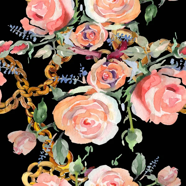 玫瑰花束花植物花。水彩背景插图集。无缝背景模式. — 图库照片