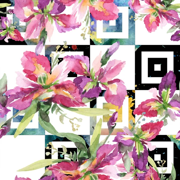 Buket irises çiçek botanik çiçekleri ile. Suluboya arka plan illüstrasyon seti. Kesintisiz arka plan deseni. — Stok fotoğraf