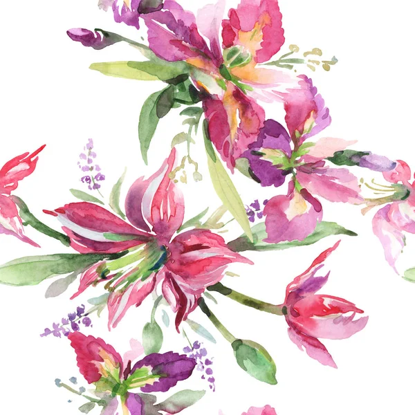 Ramo con iris flores botánicas florales. Conjunto de ilustración de fondo acuarela. Patrón de fondo sin costuras . — Foto de Stock