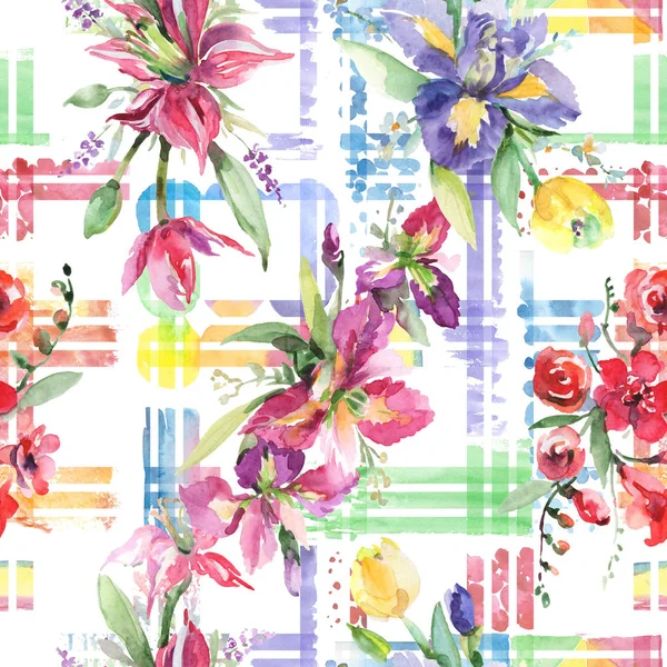 アイリス花植物の花と花束。●水彩背景イラストセット。シームレスな背景パターン. — ストック写真