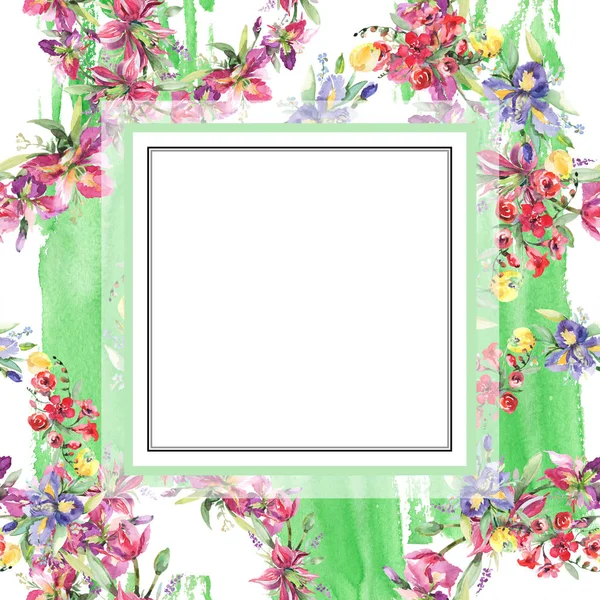 Bouquet with irises floral botanical flowers. Watercolor background illustration set. Frame border ornament square. — Stock Photo, Image