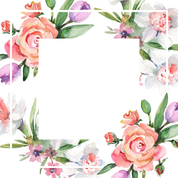 Boeket bloemen botanische bloemen. Aquarel achtergrond afbeelding instellen. Frame grens ornament vierkant. — Stockfoto