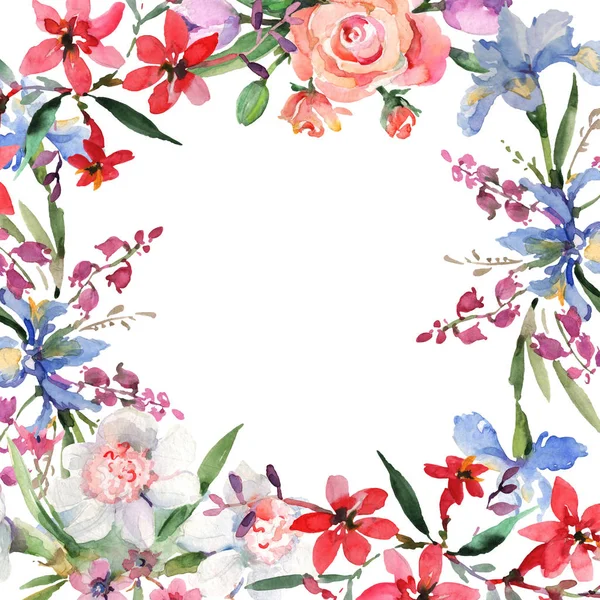 Μπουκέτο λουλουδιών βοτανικό λουλούδια. Ακουαρέλα φόντο εικόνα σύνολο. Πλαίσιο συνόρων στολίδι τετράγωνο. — Φωτογραφία Αρχείου