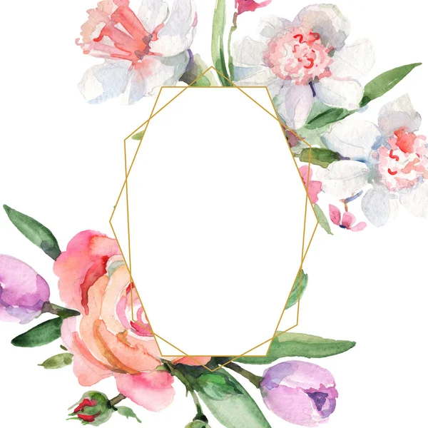 Bouquet floral botanical flowers. Watercolor background illustration set. Frame border ornament square. — Stock Photo, Image