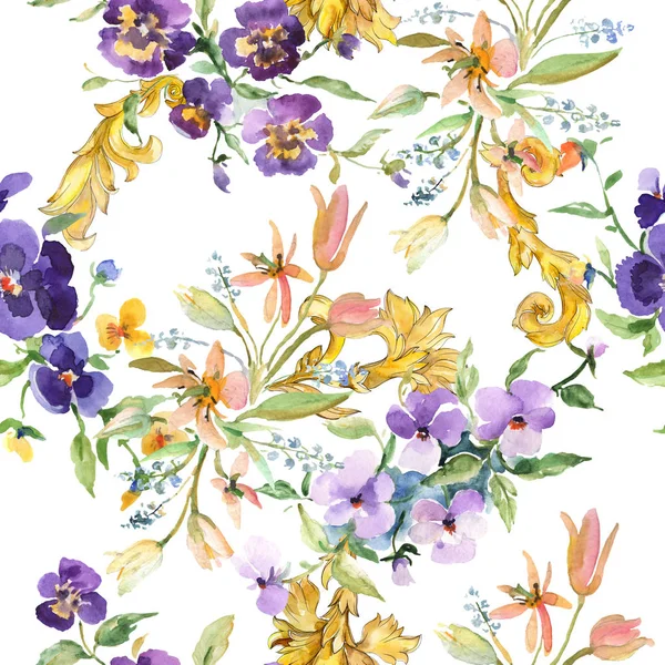Bouquet floreale fiori botanici. Acquerello sfondo illustrazione set.. Seamless sfondo modello . — Foto Stock