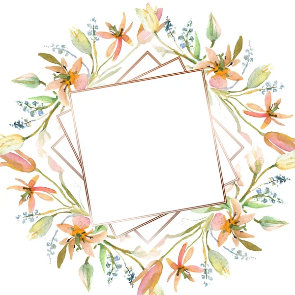 Boeket bloemen botanische bloemen. Aquarel achtergrond afbeelding instellen. Frame grens ornament vierkant. — Stockfoto