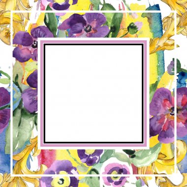 Buket çiçek botanik çiçekler. Suluboya arka plan illüstrasyon küme. Çerçeve kenarlığı süsleme Meydanı.