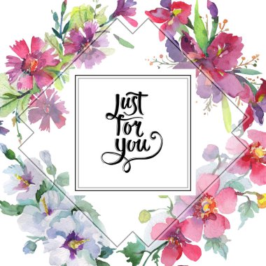 Buket çiçek botanik çiçekler. Suluboya arka plan illüstrasyon küme. Çerçeve kenarlığı süsleme Meydanı.